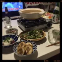 Snapdishの料理写真:ごま豆乳鍋、ささみと舞茸のみぞれ和え、まぐろの山かけ、水菜のごまサラダ、鶏のごぼう巻き|Yumiko Watanabeさん