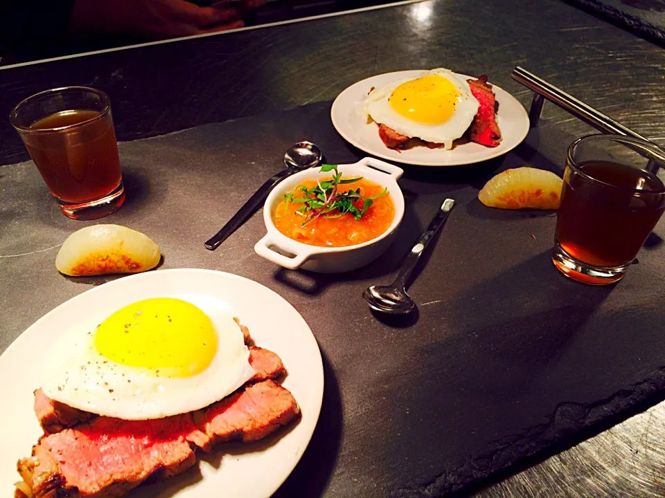 Snapdishの料理写真:Steak and egg with dashi broth|shaun spoonerさん