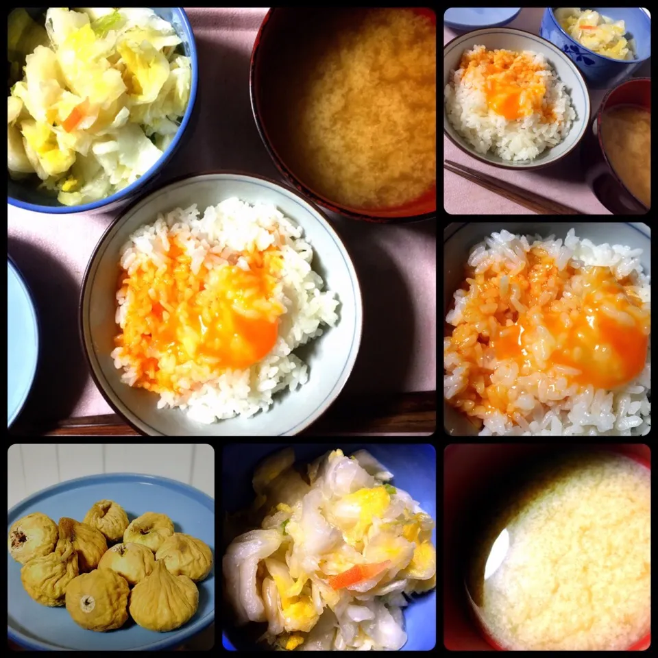 Egg topped rice with pickled vegetables and miso-soup, dried Persian figs with tea after 😋 「たまごかけごはん」|H3L1DAさん