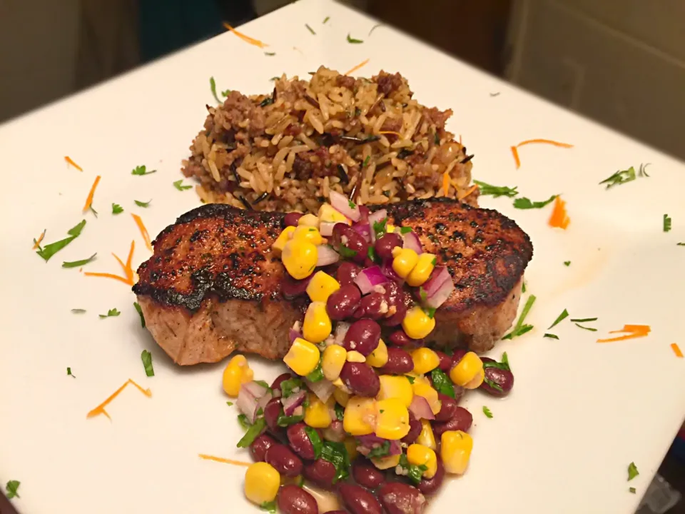 Blackened Pork Chop topped w/Black Bean n Corn Salsa served w/Midwest Wild Rice|Chef Ampさん