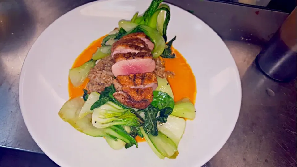 Snapdishの料理写真:soy marinated duck breast, served over fried rice, with baby bok choy and duck sauce|chef Charlesさん