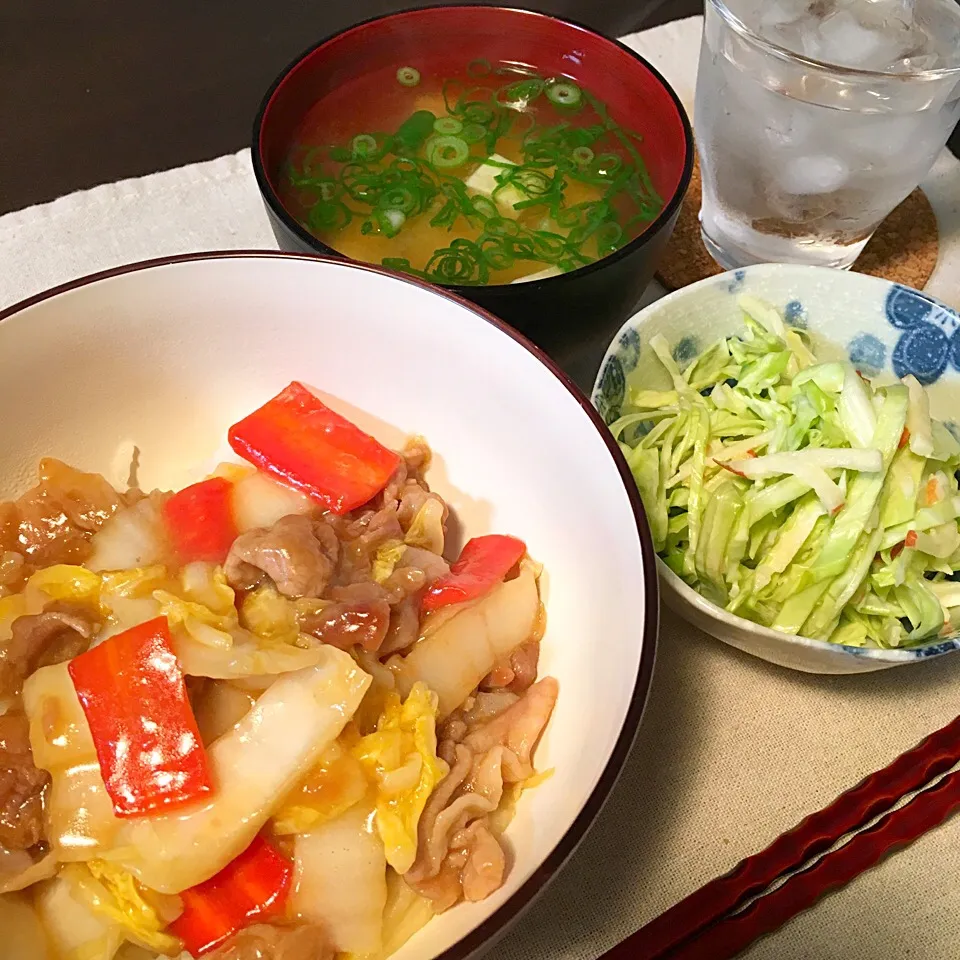 豚肉と白菜の中華丼/キャベツとりんごのサラダ/豆腐の味噌汁|ゆきてぃさん