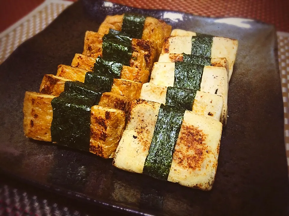 Miki Sanoの料理 がんもどきの磯辺焼き 湯抜きと焼き醤油がポイント😋コスパ カロリー共に下げ美味しく食べれちゃいます。今夜は とちおと高野豆腐をshooooocoさんの湯豆腐風に重曹処理して焼いてみた！|佐野未起さん