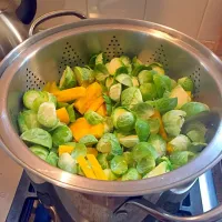 Snapdishの料理写真:Roasted yellow beets and Brussels- steaming a few minutes before roasting|Trixy Hansonさん