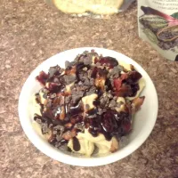 Snapdishの料理写真:banana nicecream smothered in chocolate sauce, black cherries, with cacao nibs. #Vegan #nicecream #dessert #Chocolate #banana|veganadianさん