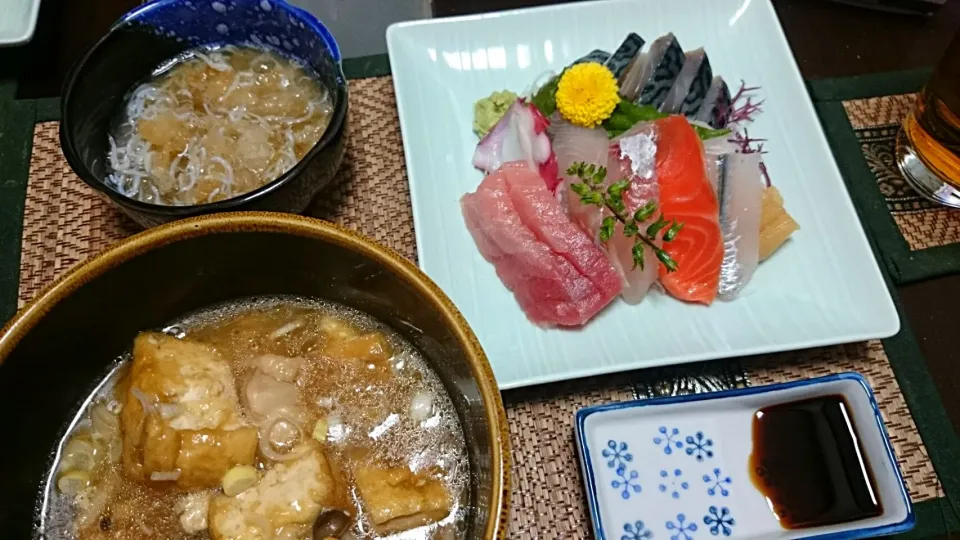 柳田のお刺身＆しらすおろし＆鶏肉と厚揚げの和風煮|まぐろさん