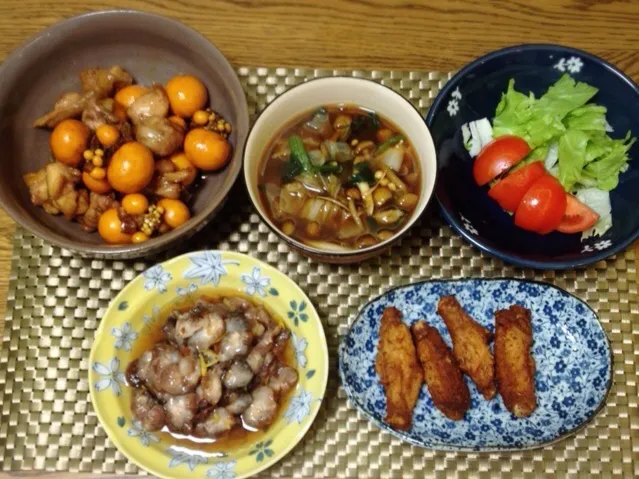 鶏ときんかんの煎り煮・具沢山お味噌汁・サラダ・チキンバー唐揚げ・ナマコ酢|美也子さん