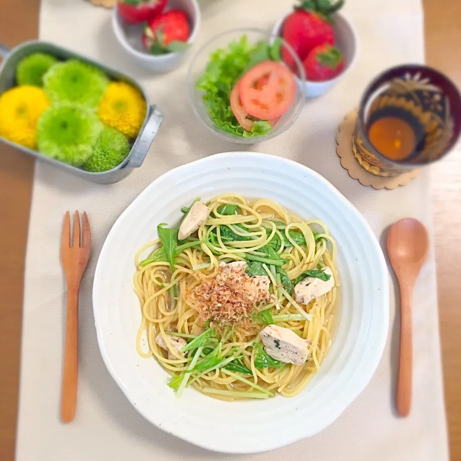 鶏と水菜の和風スープパスタ🍝|むぎママさん