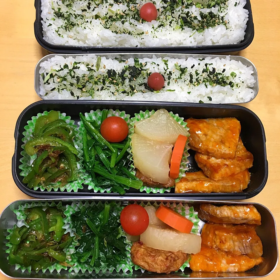 ポークチャップ 大根と練り物の煮物 ほうれん草ナムル ピーマンのおかか炒め弁当。|Kumiko Kimuraさん