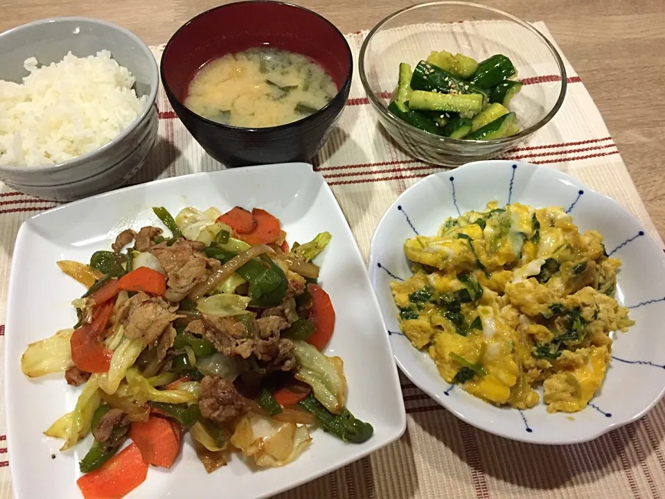 肉野菜炒め・ニラ卵・たたきキュウリ・味噌汁〜1/9日晩御飯|まーままさん