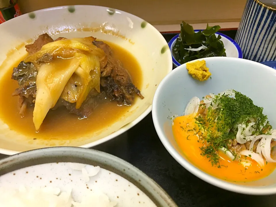 ねぎまあら煮定食と納豆黄身入り|流線形さん