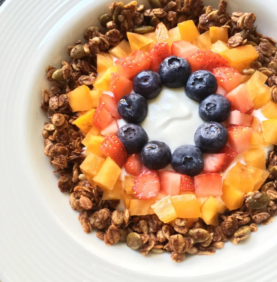 Breakfast of matcha Greek yogurt, homemade chocolate granola & fresh fruits|coxiella24さん