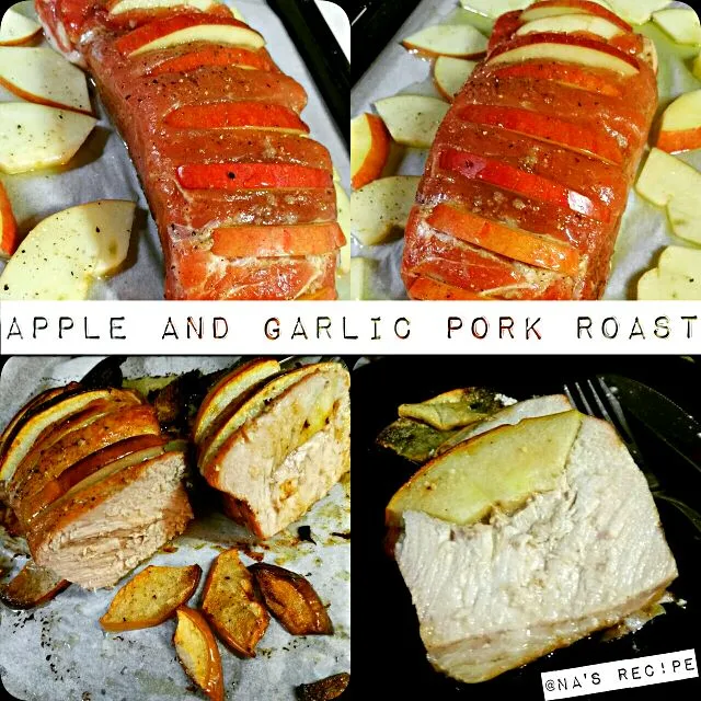 Apple and garlic pork roast🍎🐷
豚ロースブロックに塩胡椒とローズマリー、蜂蜜、タイム、ニンニクを満遍なく擦ったら、味を染み込ますために一晩冷蔵庫で寝かせて、翌日に豚ブロックに切り込みを入れリンゴを挟み、オリーブ油と岩塩、黒胡椒を少々かけて180度のオーブンで40分焼いて出来上がり～🙌|Kashimanakitchenさん