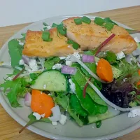 pan roasted salmon fillett with mixed green salad and feta|JCさん