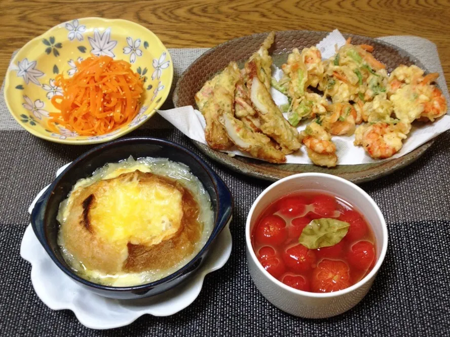 にんじんのナムル・ちくわのお好み揚げとエビとセリのかき揚げ・プチトマトのハニーピクルス・オニオングラタンスープ|美也子さん