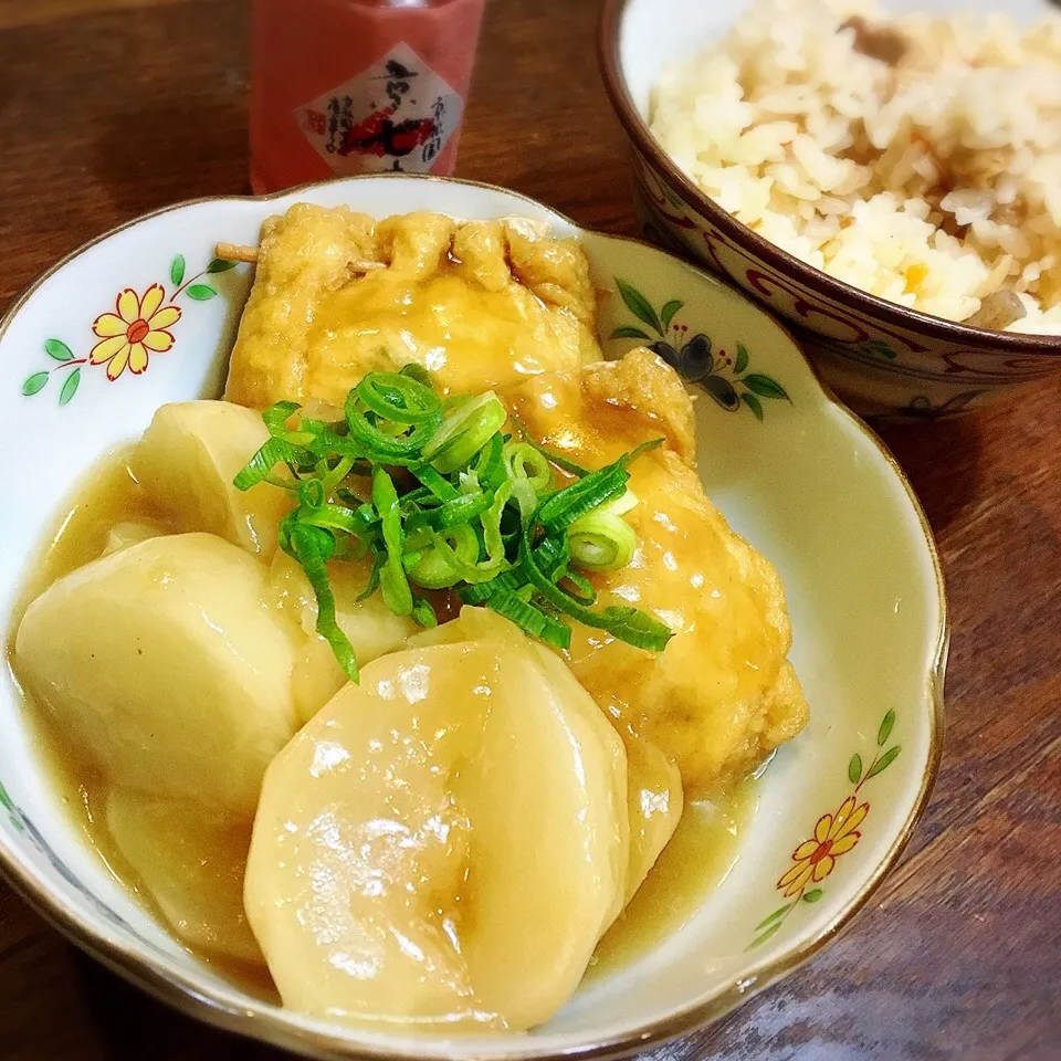 カブと、キクラゲ入り豚ミンチの巾着を餡かけに〜✨炊き込み御飯と。|ありさん