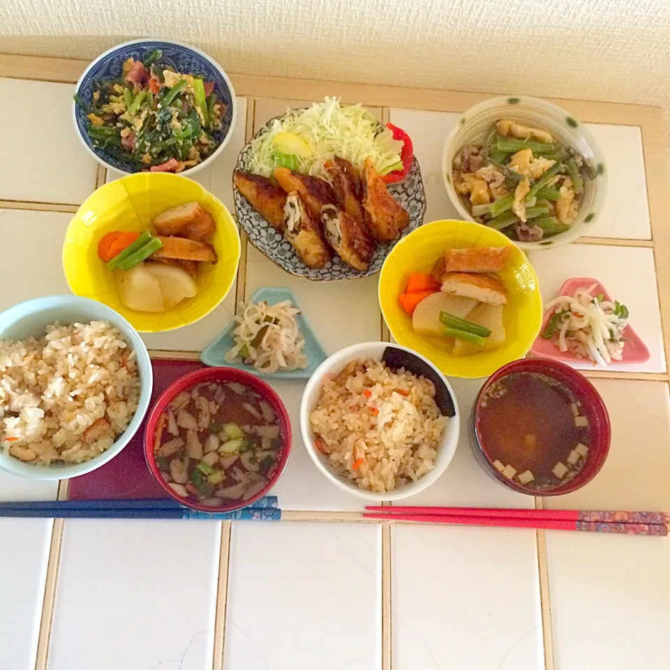 かやくご飯☆タニタ食堂のお味噌汁☆大根のお漬物☆大根の煮物☆若ゴボウと豚肉の炒め煮☆ほうれん草の塩だれ炒め☆梅シソささみの春巻き(p*'∀`*q)|とまこ(*^o^*)さん