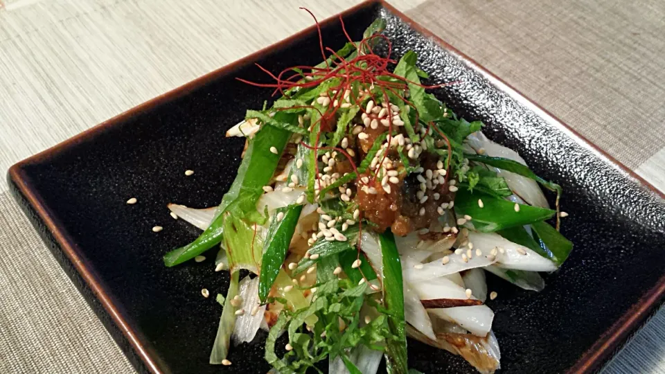 Snapdishの料理写真:信長ねぎの焼きねぎ肉味噌のせ|おちゃわんさん