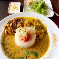 Snapdishの料理写真:タイカレー、割干し大根と鶏肉キーマ、れんこんと長ネギのカレーのあいがけ|けいこさん