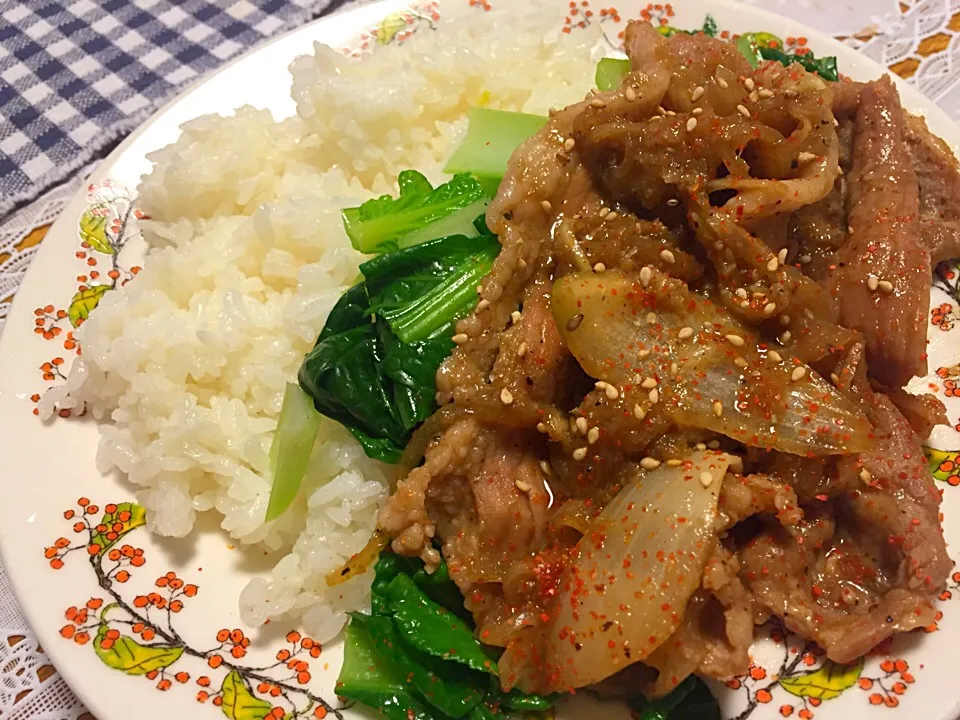 Snapdishの料理写真:小松菜と玉ねぎのごま豚丼|けいちゃん（ももザィル）さん