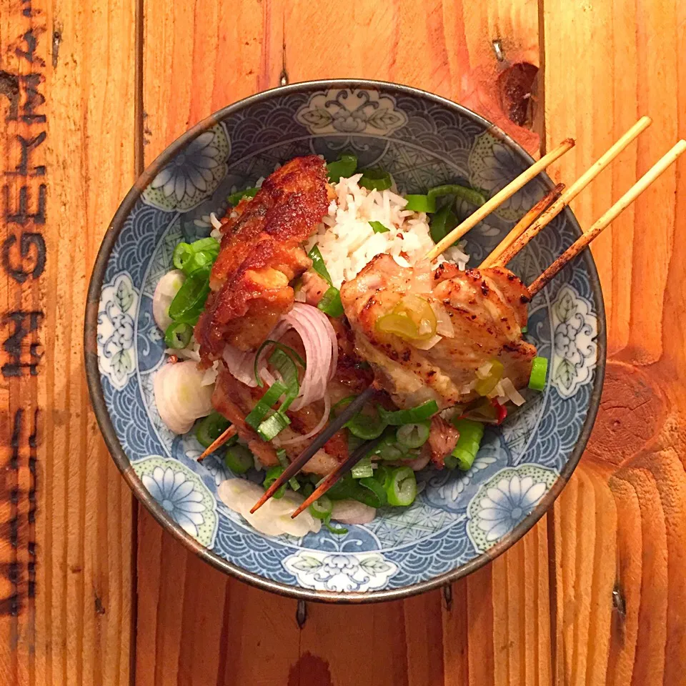 Yakitori - unboned chicken wings rice and spring onions|MarcoBavariaさん