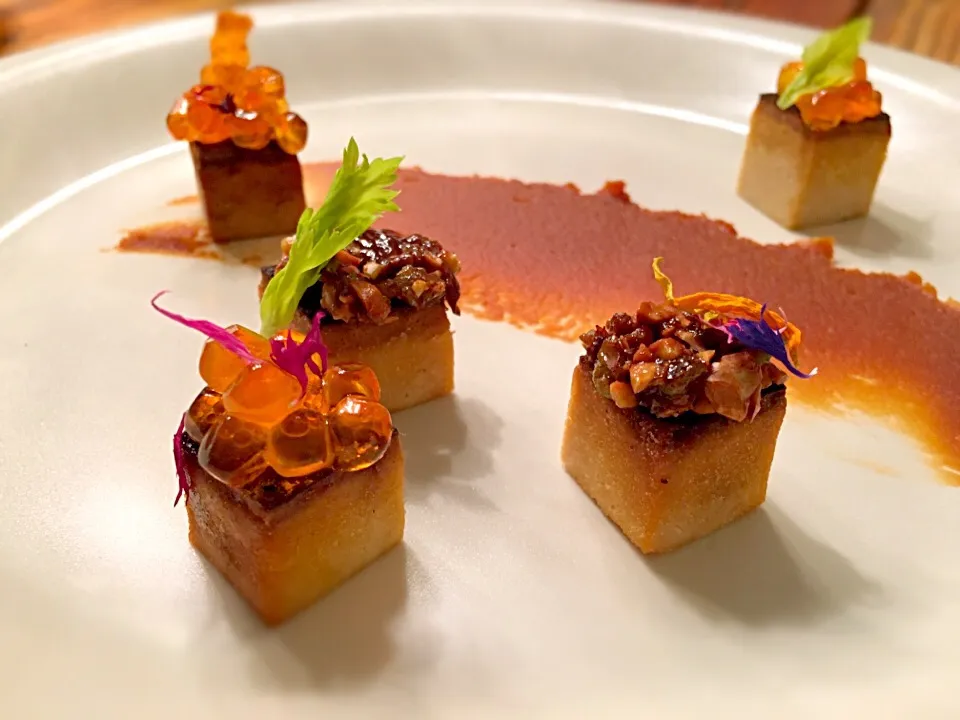 Snapdishの料理写真:deconstructed miso soup smoked tofu cubes topped with ikura and candied wasabi nuts|MarcoBavariaさん