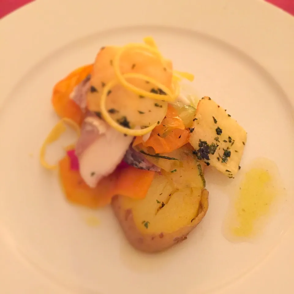 herbs steamed dorade filets with grilled vegtables, lemonskin rings and parmesan-pepper cake|MarcoBavariaさん