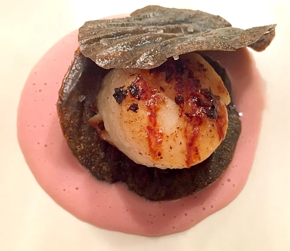 selfmade sepia inked fetuccine shells (baked and fried in palm oil) grilled scallop placed in a strawberrymousse sea|MarcoBavariaさん