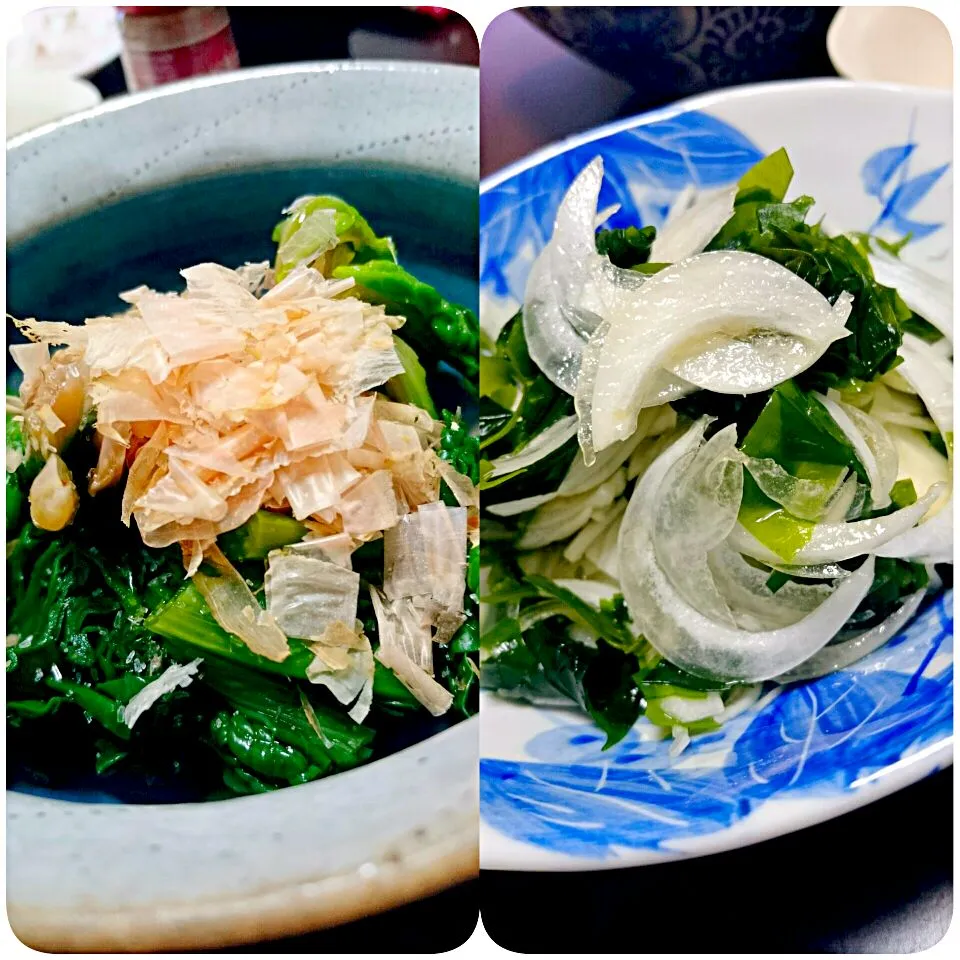 Snapdishの料理写真:ちぢみほうれん草おひたし
新玉ねぎとわかめの和え物|mayuさん