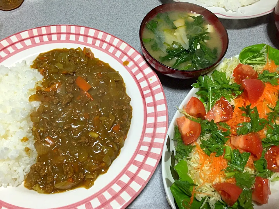 牛脂炒め牛挽肉カレー、春菊野菜サラダ、春菊豆腐ネギ味噌汁|ms903さん