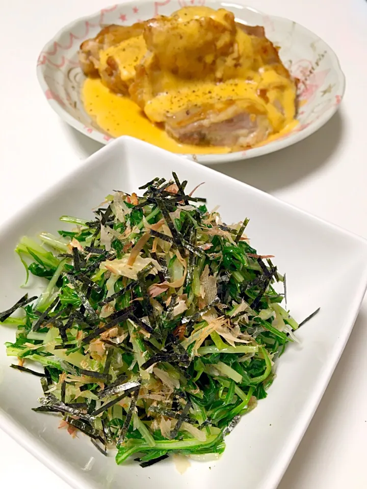 山本真希さんの料理 水菜とカリカリじゃこの昆布つゆ和え・昆布つゆに漬け込み豚の生姜焼|mari♡（もも(*´∀｀*)♪）さん