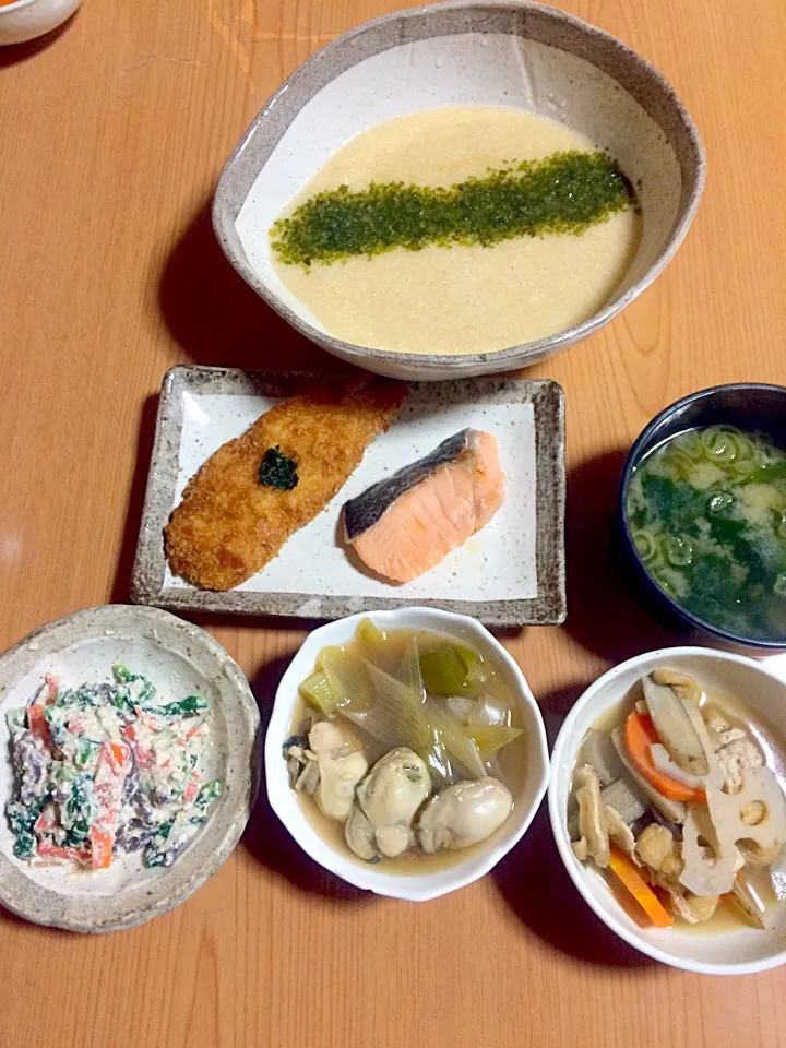 白和え、根菜煮、牡蠣とネギ煮、とろろ、鮭西京焼き、（子供）ササミチーズフライ|ちゃこさん