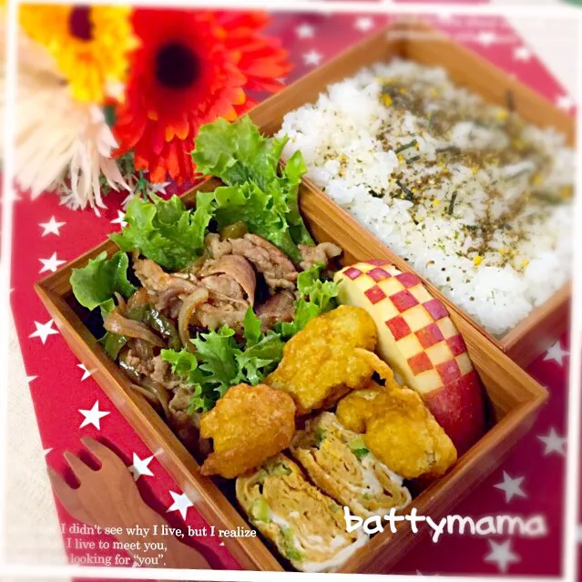 Snapdishの料理写真:焼肉炒め～&カリフラワーのカレー揚げも入ってる♡battymamaの節約しても美味しいお弁当♡|ばってぃーまま＠♪さん