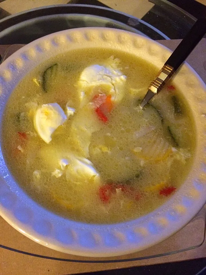 Chicken bone broth with two eggs and vegetables.  A bit of olive oil and sea salt|ahron gさん