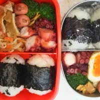 2016.2.4 年少双子男児のお弁当 「たこ 年少 お弁当」で検索するとたこさんウインナーしかヒットしないんだけど、リアル蛸は年少園児のお弁当に入らないんですか＼(^o^)／|ちよさん