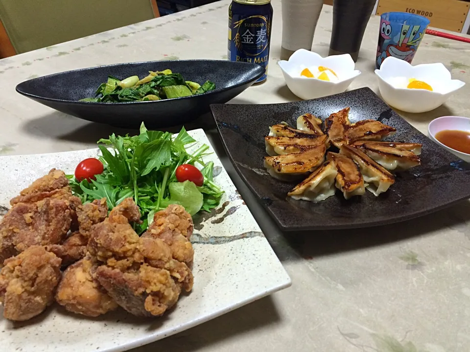 今夜は中華🍀青梗菜のナムル、唐揚げ、コストコの（笑）餃子😁|makoさん