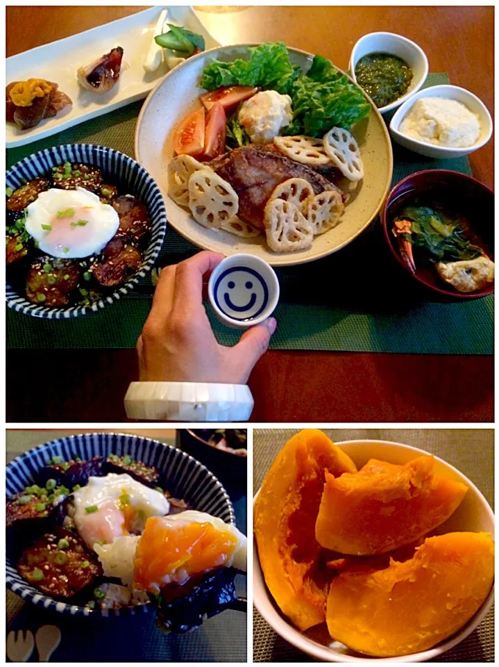 Snapdishの料理写真:Today's Dinner🍴前菜･南瓜のｵﾚﾝｼﾞ煮･鰤と蓮根の唐揚げ･めかぶ･大和芋･白飯･渡り蟹と小松菜のお味噌汁|🌈Ami🍻さん