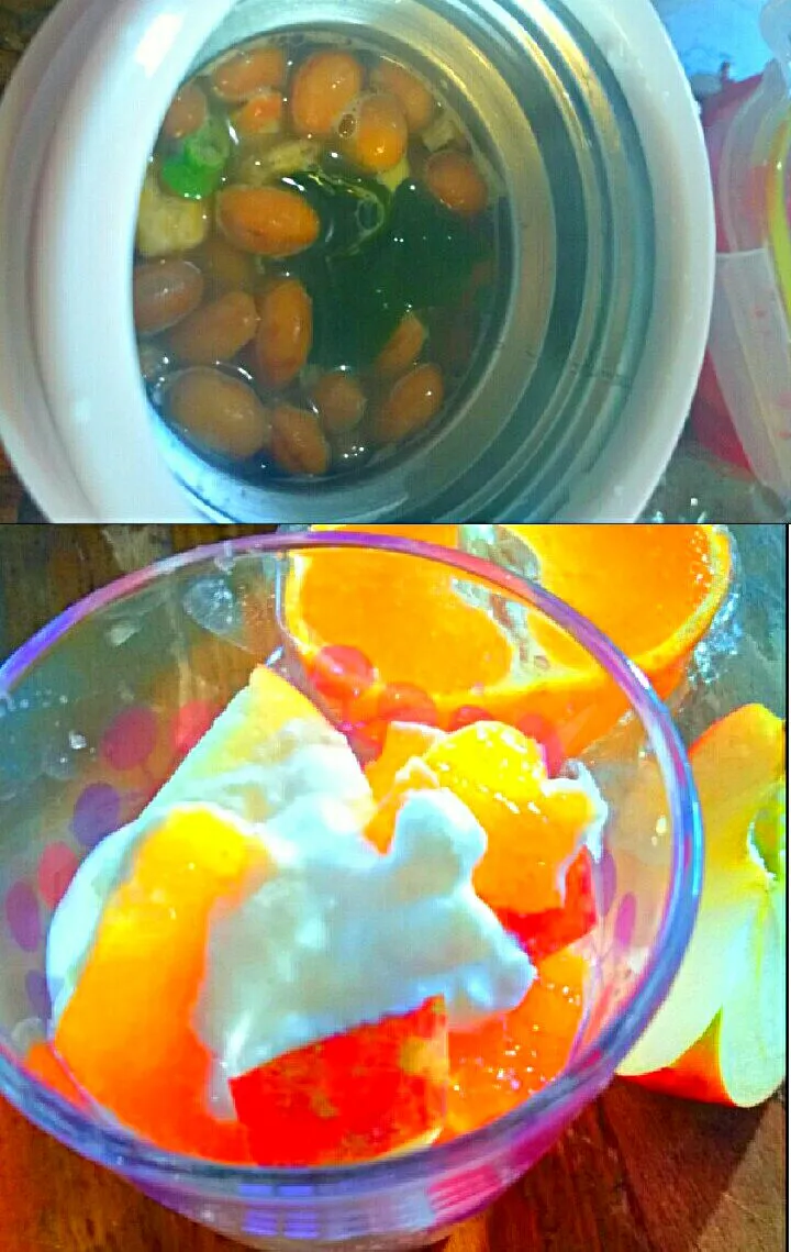 Snapdishの料理写真:16'2/4 おべんとう🍊🍎
林檎＆デコポンのヨーグルトパフェ💗 
大豆＆春雨の生姜スープ💛…大豆は節分のまめです👹|メイメイda.さん