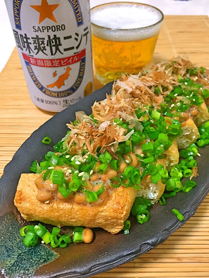 栃尾あげの納豆のせ & サッポロ新潟限定ビール“風味爽快ニシテ”🍺✨|アッチさん