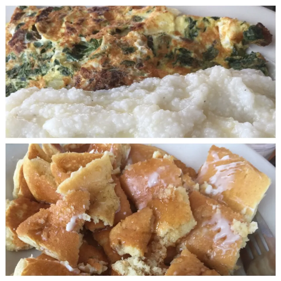 @work-breakfast outing with clients...egg steak cheese spinach & onions w/grits & pancakes #breakfast #pancakes #omellete|Richard Thompsonさん