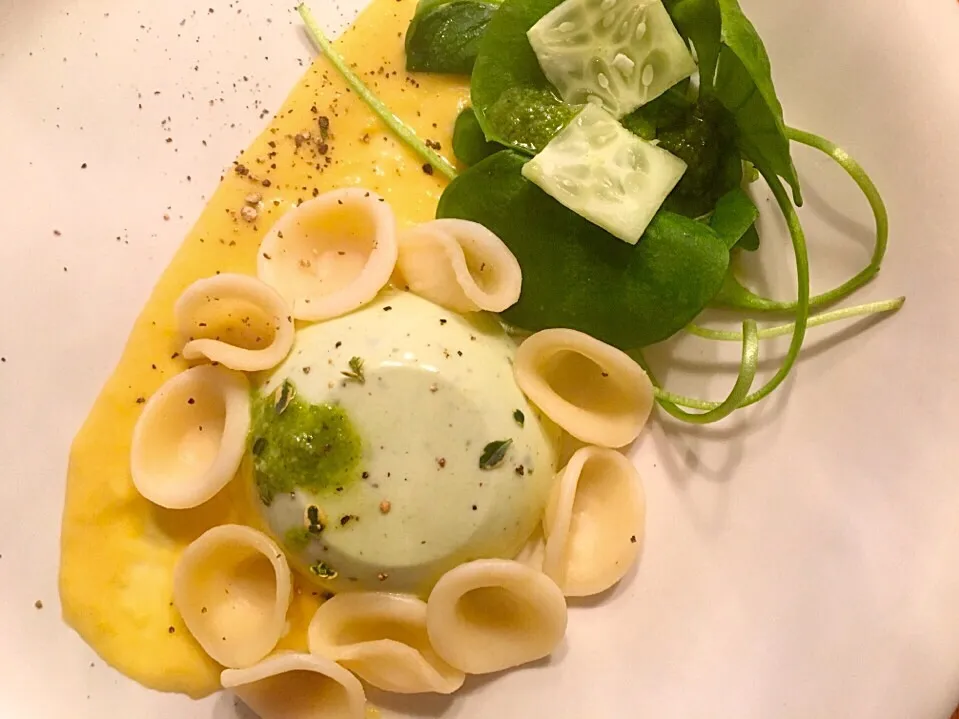 cucumbermousse with purslane pesto, cornsauce and noodles|MarcoBavariaさん