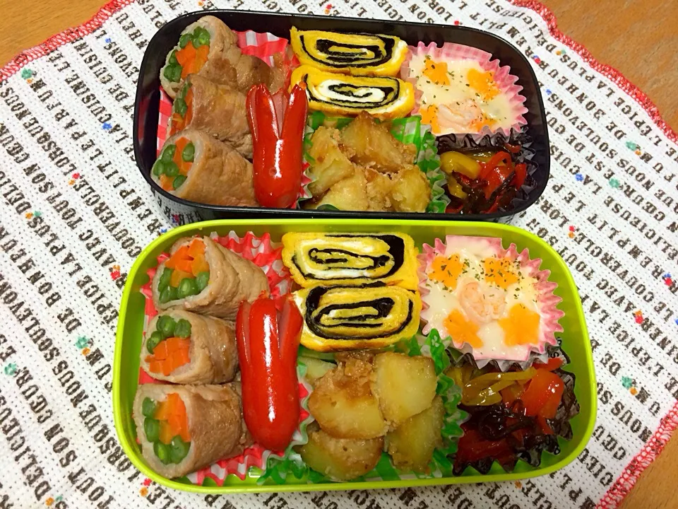 息子＆旦那弁当
かんぷらいも、野菜の肉巻き、卵焼き、ウインナー、パプリカの塩昆布ナムル、冷凍グラタン|しょこさん