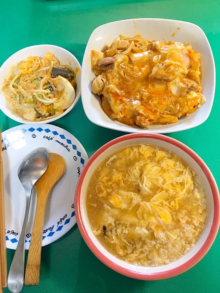 今日の昼は一人飯: 親子丼・フカヒレスープ・ミニグラタン|takamuraさん