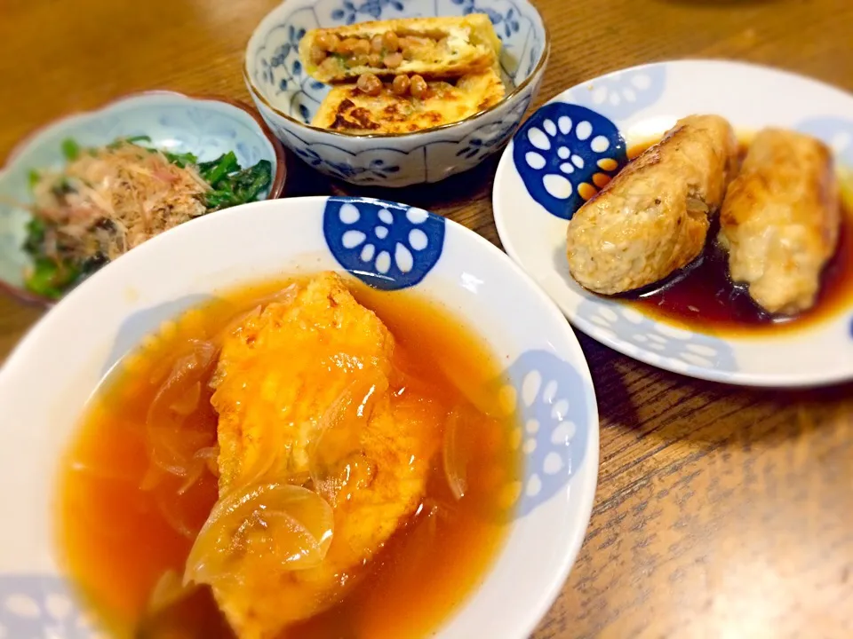 晩御飯 つくね 白身餡かけ ほうれん草おひたし キツネ納豆|マチママさん