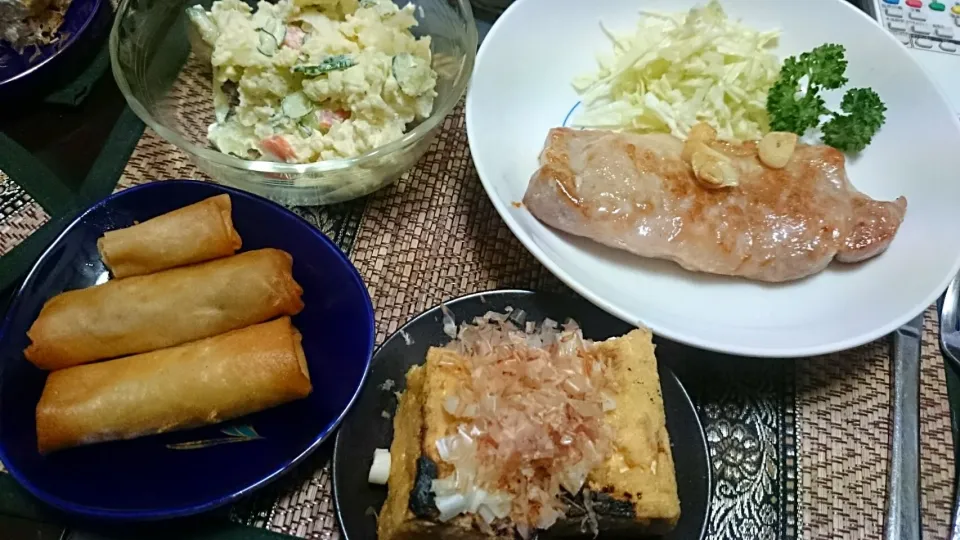 豚肉のソテー＆厚揚げ＆春巻き＆ポテトサラダ|まぐろさん