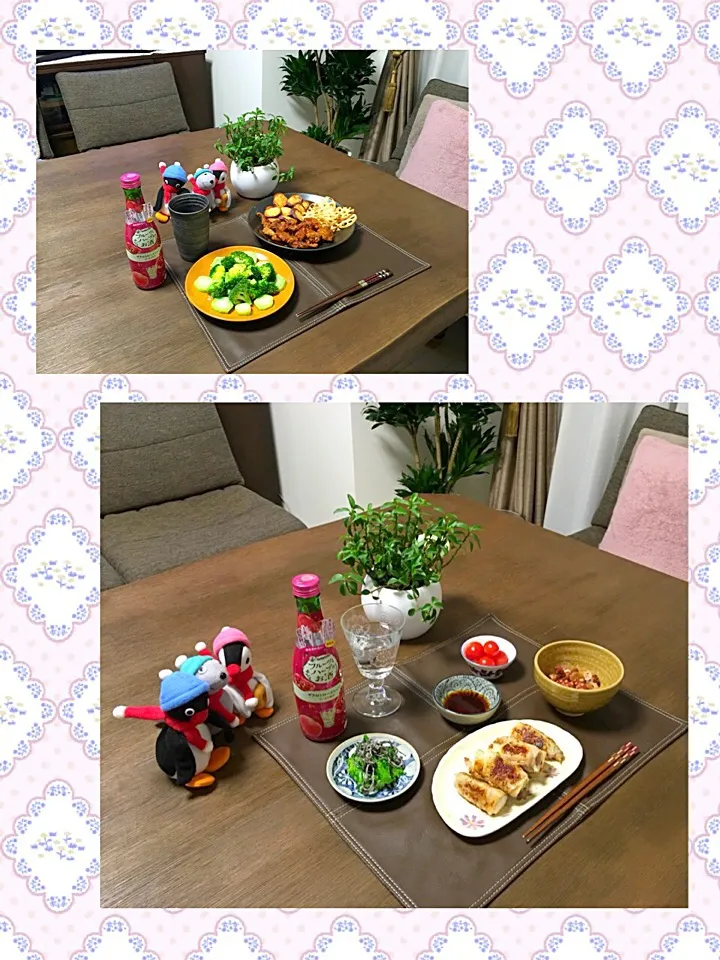 Snapdishの料理写真:フルーツとハーブのお酒(ザクロとローズヒップ)のソーダ割り、ブロッコリー丸ごとサラダ、鶏の唐揚げ・さつま芋と蓮根の素揚げ、長芋の豚肉巻、菜の花の塩昆布和え、タコのガーリック炒め、ミニトマト|pentarouさん