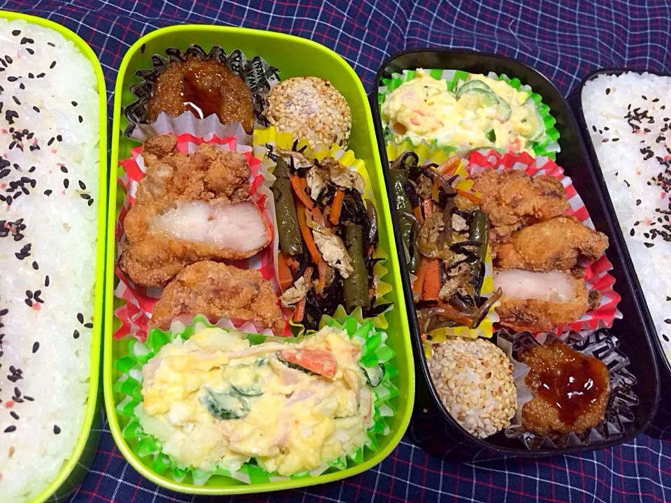 息子＆旦那弁当
塩麹で漬けた鶏の唐揚げ、ポテトサラダ、ひじきの煮物|しょこさん