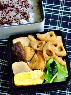 Snapdishの料理写真:お弁当（ゆかりかけご飯、高野豆腐と油揚げの煮物、れんこんのラー油きんぴら、青梗菜の生姜炒め、卵焼き）|すーさん