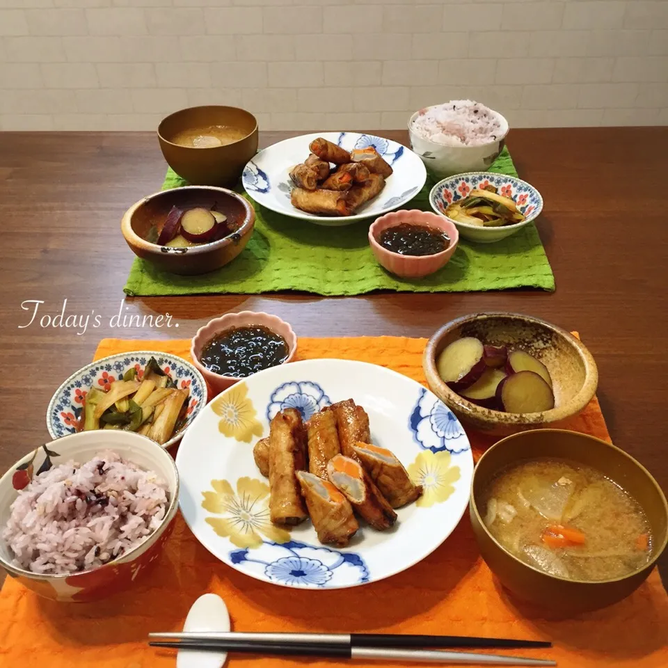 野菜の肉巻き 長ネギのぬた サツマイモの甘煮|fleur ❁︎⑅*さん