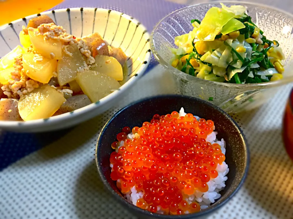 いくら丼、大根とこんにゃくの鶏そぼろ煮、温キャベツとニラのツナサラダ、など🍚|ぷっくりんこ💙さん